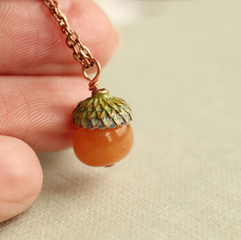 Amber Orange Small Moss Acorn Necklace, 2 of 9