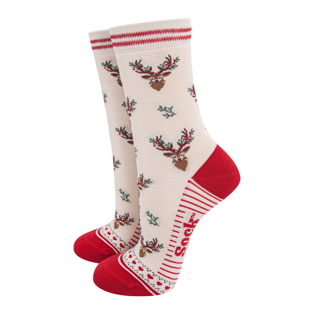 Christmas Reindeer Stags Holly Bamboo Ankle Socks Women's Cream Red, 1 of 4