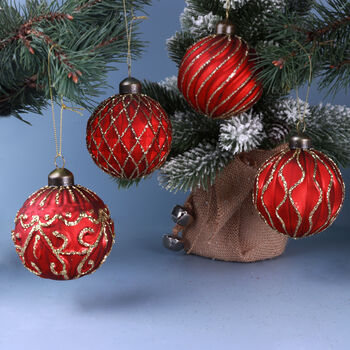 G Decor Set Of Four Hand Painted Satin Red Glass Baubles Luxury Gold Detail Christmas Tree Ornaments, 2 of 5