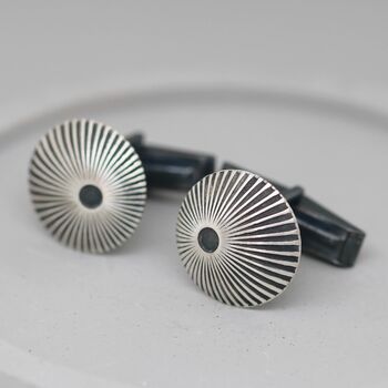 Sterling Silver And Black Cufflinks With Sunburst Motif, 4 of 12