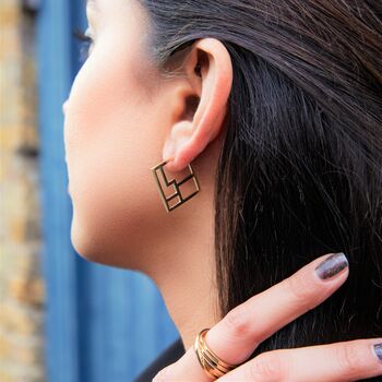 Square Art Deco Geometric Silver Hoop Earrings, 4 of 10