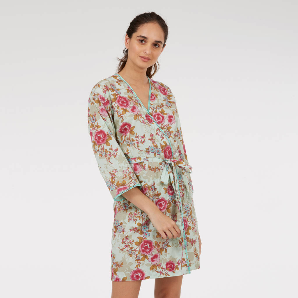 Short Cotton Robe In Blue Rose Floral By Caro London ...