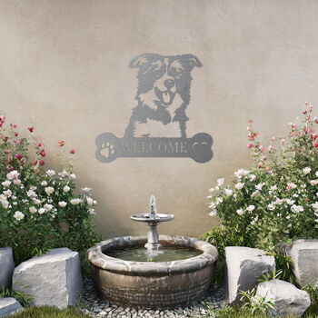 Customisable Border Collie Welcome Metal Wall Art Sign For Home And Garden Decor, 6 of 11