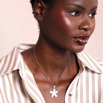 Stainless Steel White Enamel Flower Pendant Necklace In Gold Plating, 3 of 4