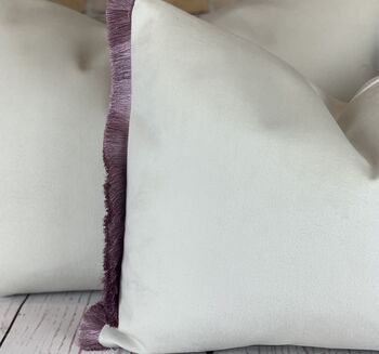 Velvet Optic White With Lilac Pink Fringe Cushion, 8 of 10
