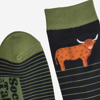 Men's Bamboo Socks Black Green Stripe Highland Cow, 4 of 4