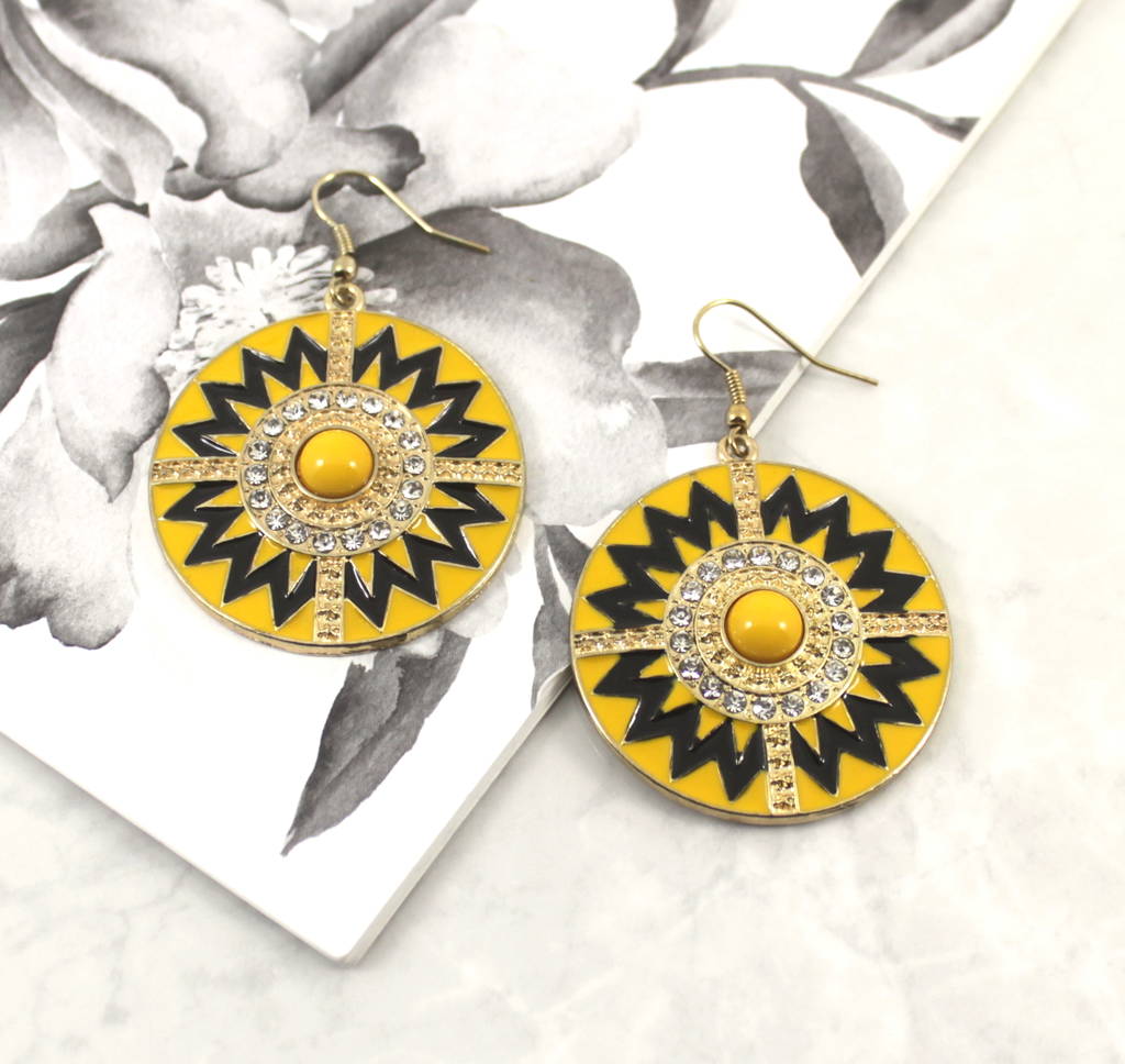 Yellow Tribal Pattern Statement Earrings By Lucy Loves Neko
