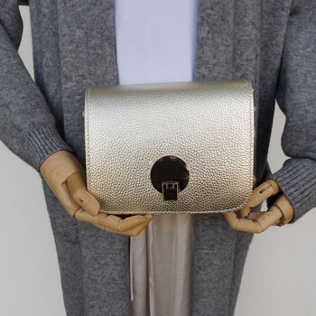 Gold Metallic Small Crossbody Leather Handbag, Shoulder Bag Satchel Style, 3 of 11