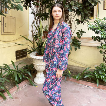 Navy And Pink Block Print Floral 100% Cotton Ladies Pyjamas, 2 of 8