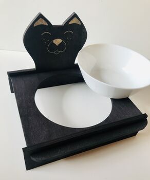 Handcrafted Ceramic Cat Bowl With Wood Stand, 4 of 5