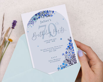 Personalised A6 Blue Garden Flowers Birthday Invitation, 2 of 3