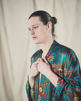 Mens Emerald Silk Blend Kimono Robe, 3 of 3