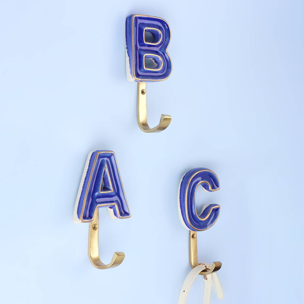 G Decor Alphabet Blue Crackle Hooks Antique Brass, 1 of 10