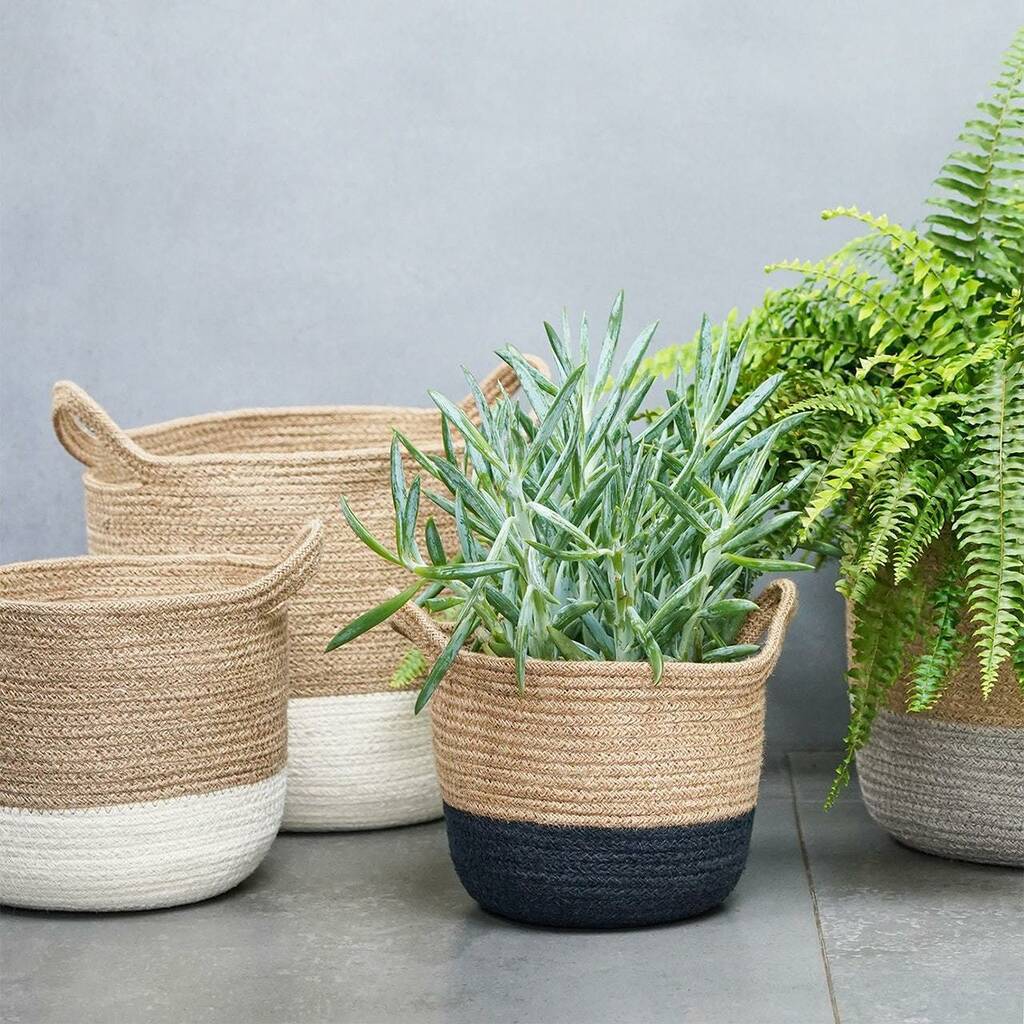 Navy Lined Jute Basket Planter By Lime Lace
