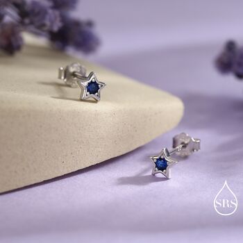 Tiny Sapphire Blue Cz Star Stud Earrings In Sterling Silver, 3 of 12