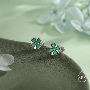 Sterling Silver Four Leaf Clover Enamel Stud Earrings, 2 of 12