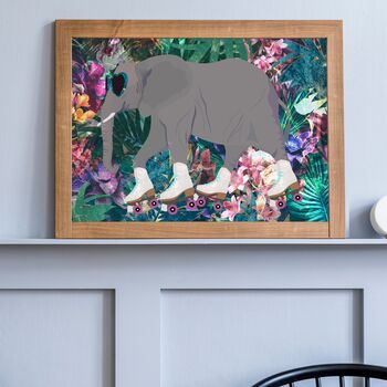 Elephant Rollerskating In Tropical Flower Jungle Wall Art Print, 2 of 5