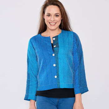 Turquoise Pure Silk Hand Stitched Ladies Jacket, 4 of 6