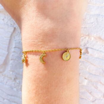 Gold Plated Engraved Moon, Star And Sun Charm Bracelet, 6 of 8