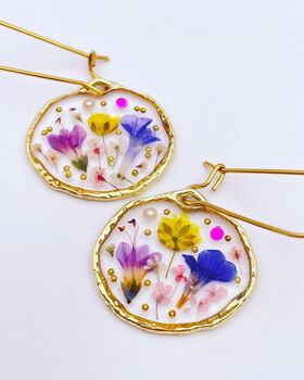 Pressed Flowers Circle Drop Earrings Small Hand Made, 9 of 12