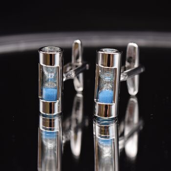 Blue Silver Hourglass Cufflinks Sand Timer Hourglass, 3 of 5