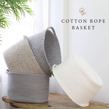 White Oval Cotton Rope Storage Basket With Handles, 5 of 5