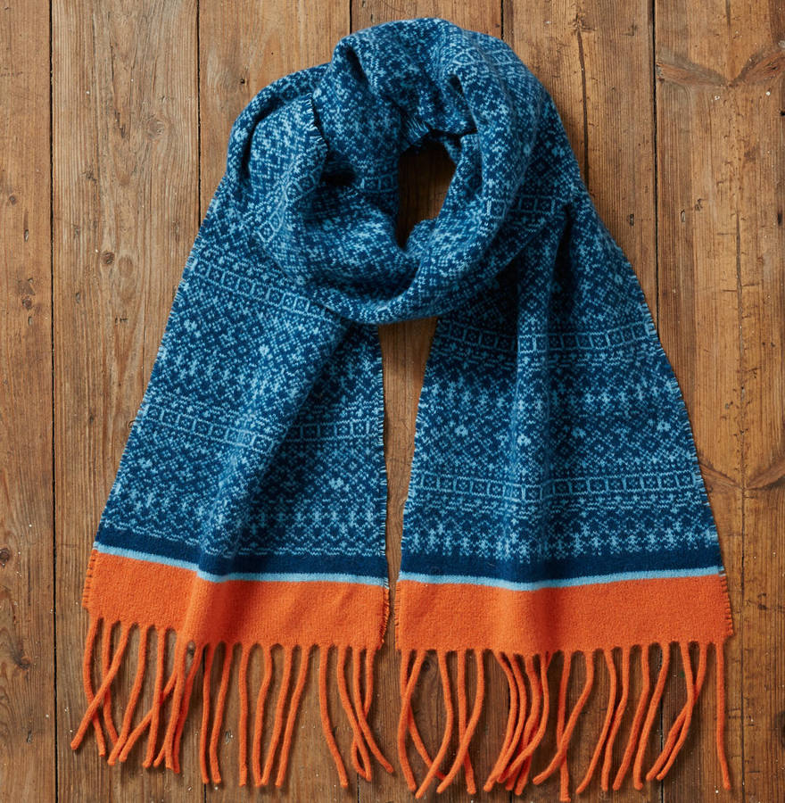 mens fringed fair isle scarf by suzie lee knitwear