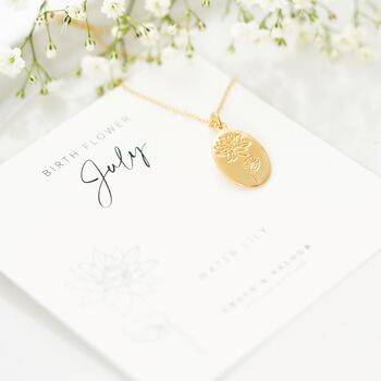 July Engraved Waterlily Birth Flower Necklace, 2 of 12