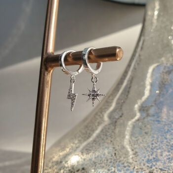 Sterling Silver Sparkle Cz Star Lightning Charm Huggie Hoop Earrings, 6 of 8