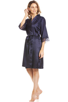 British Made Navy Short Satin Dressing Gown With Lace Detail, 5 of 5