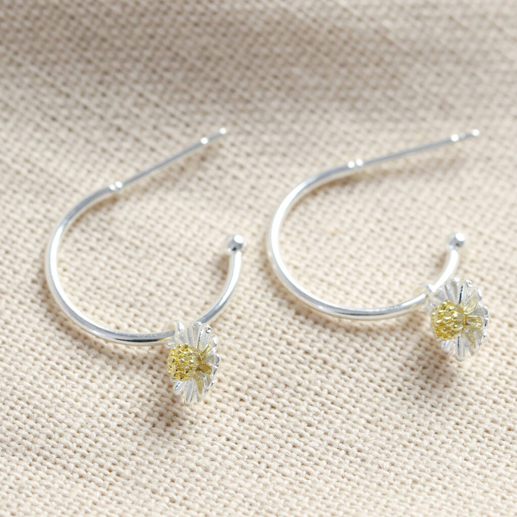 Daisy Charm Hoop Earrings In Silver Plating By Lisa Angel