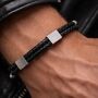Custom Engraved Men's Adjustable Black Leather Bracelet With Personalised Silver Double Clasp, Artisan Jewellery, thumbnail 2 of 10