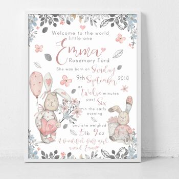 Personalised Keepsake Birth Print Floral Rabbits, 6 of 7