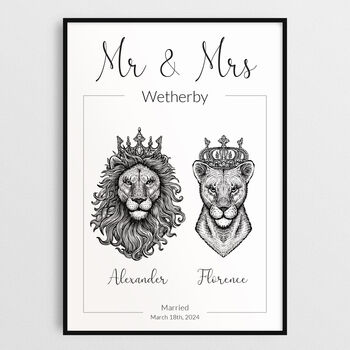 Personalised Mr And Mrs Print Royal Lion Portraits Wall Art, 5 of 7