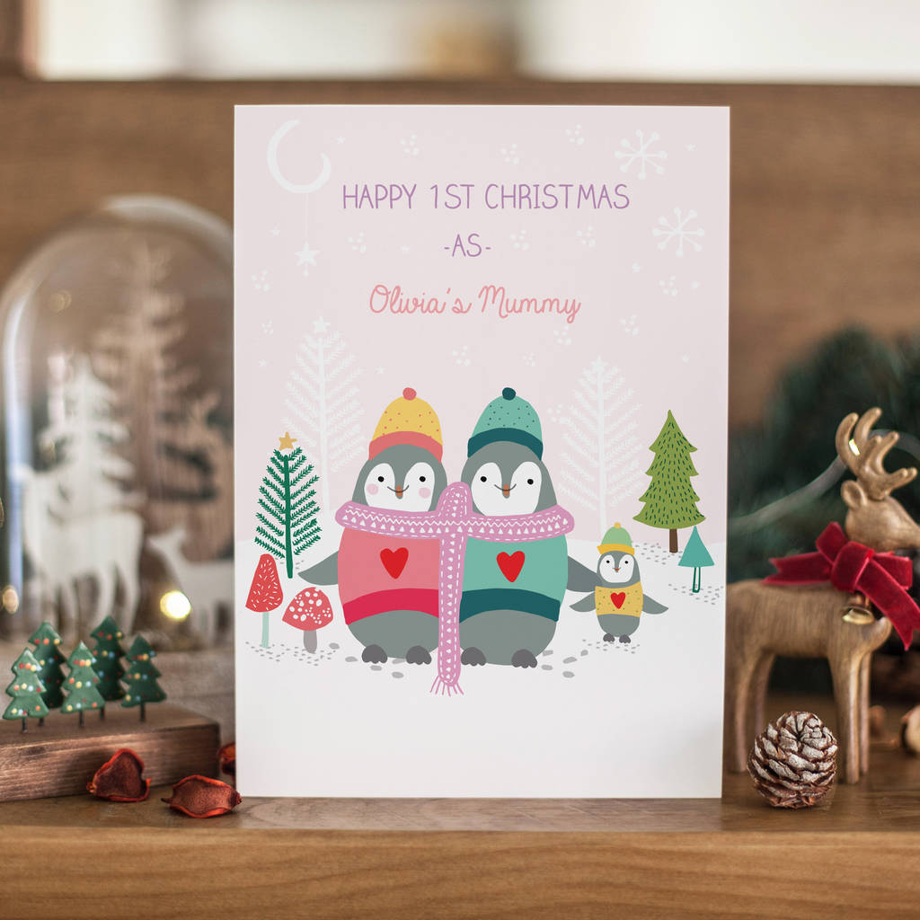 pink-personalised-baby-s-first-christmas-penguins-card-by-rosefinch