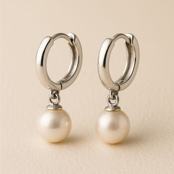 Sterling Silver Round Pearl Huggie Hoop Earrings, 4 of 5