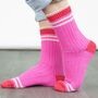 Glitter Mid Calf Ribbed Cotton Socks Varsity Striped Cuff Pink Red, thumbnail 1 of 4
