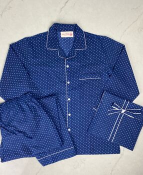 Mens Cotton Pyjamas In Blue And White Spot Print, 3 of 11