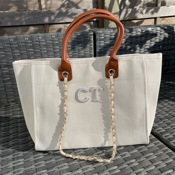 Personalised White Brown Large Chain Tote Beach Bag, 5 of 10