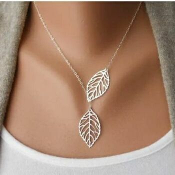 Gold Silver Plated Twin Double Tree Leaf Lariat, 5 of 8