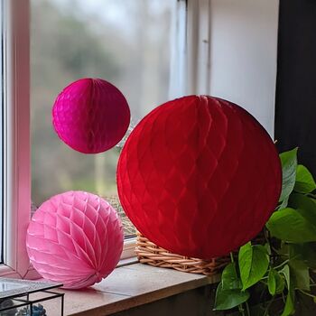 Three Tissue Paper Honeycomb Ball Decorations Pink/Red, 2 of 4