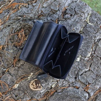 Women's Luxury Navy Blue Leather Small Trifold Purse Rfid Protected Personsalised, 6 of 7