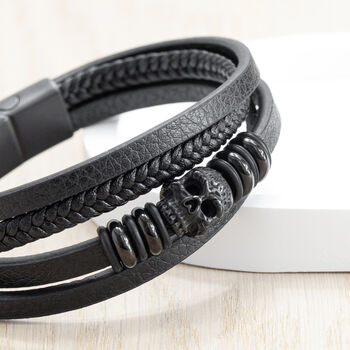 Personalised Men's Stacked Leather Skull Bracelet, 5 of 10