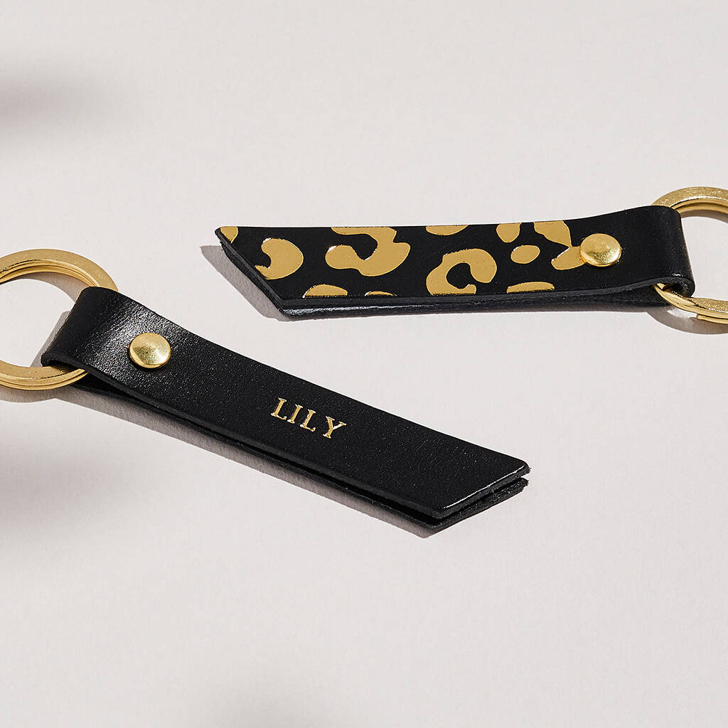 Image of Personalised Gold Leopard Print Leather Keyring