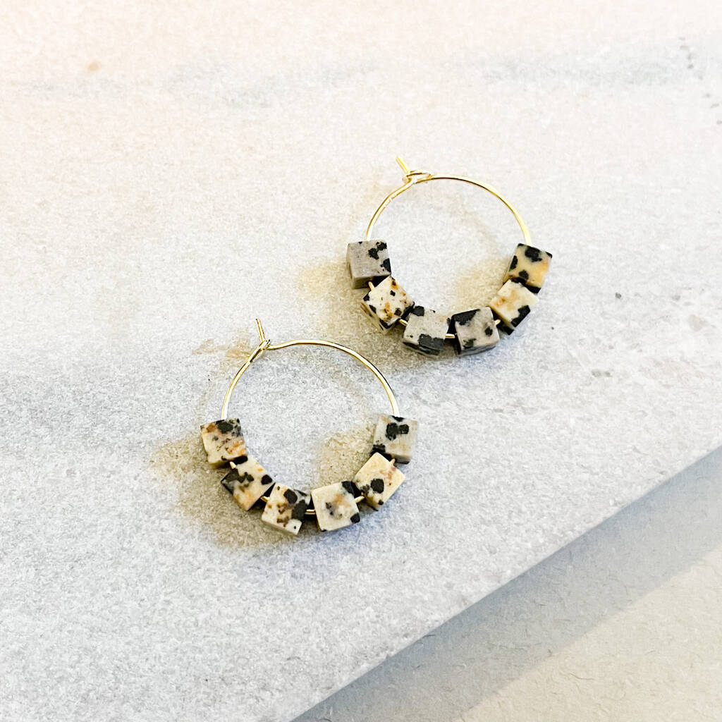 Dalmatian Jasper Cube Bead Hoop Earrings, 1 of 1