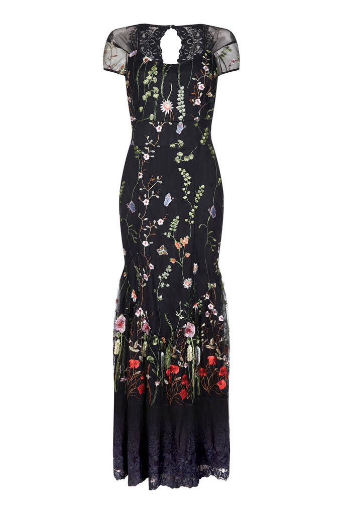 Maxi Dress In Black Meadow Flower Embroidered Lace By Nancy Mac
