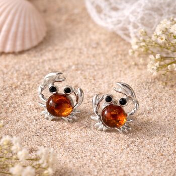 Sterling Silver And Cognac Amber Crab Stud Earrings, 5 of 8