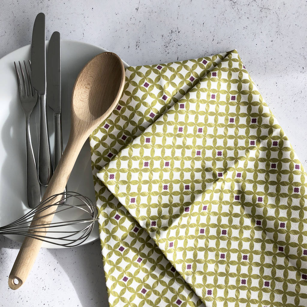 Paola Tea Towel, Green Geometric Pattern Kitchen Towel, 1 of 2