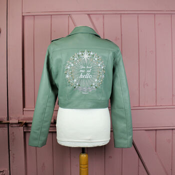 Green Celestial Cropped Bride Leather Jacket, 4 of 9