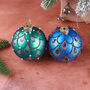 G Decor Hand Painted Glass Christmas Bauble Hanging Decoration Peacock Tail Design In Emerald Green Or Royal Blue, thumbnail 2 of 3